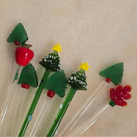 Vintage Stirrers Christmas Hand Made Glass Cocktail Drink Swizzle Set of 8 - Picture 3 of 8